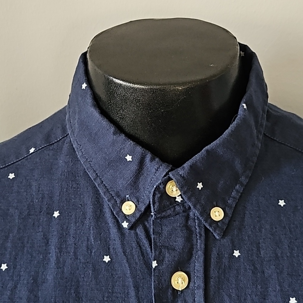 H&M L.O.G.G Navy Blue Button Down Short Sleeve Shirt with Star Print - Picture 4 of 11
